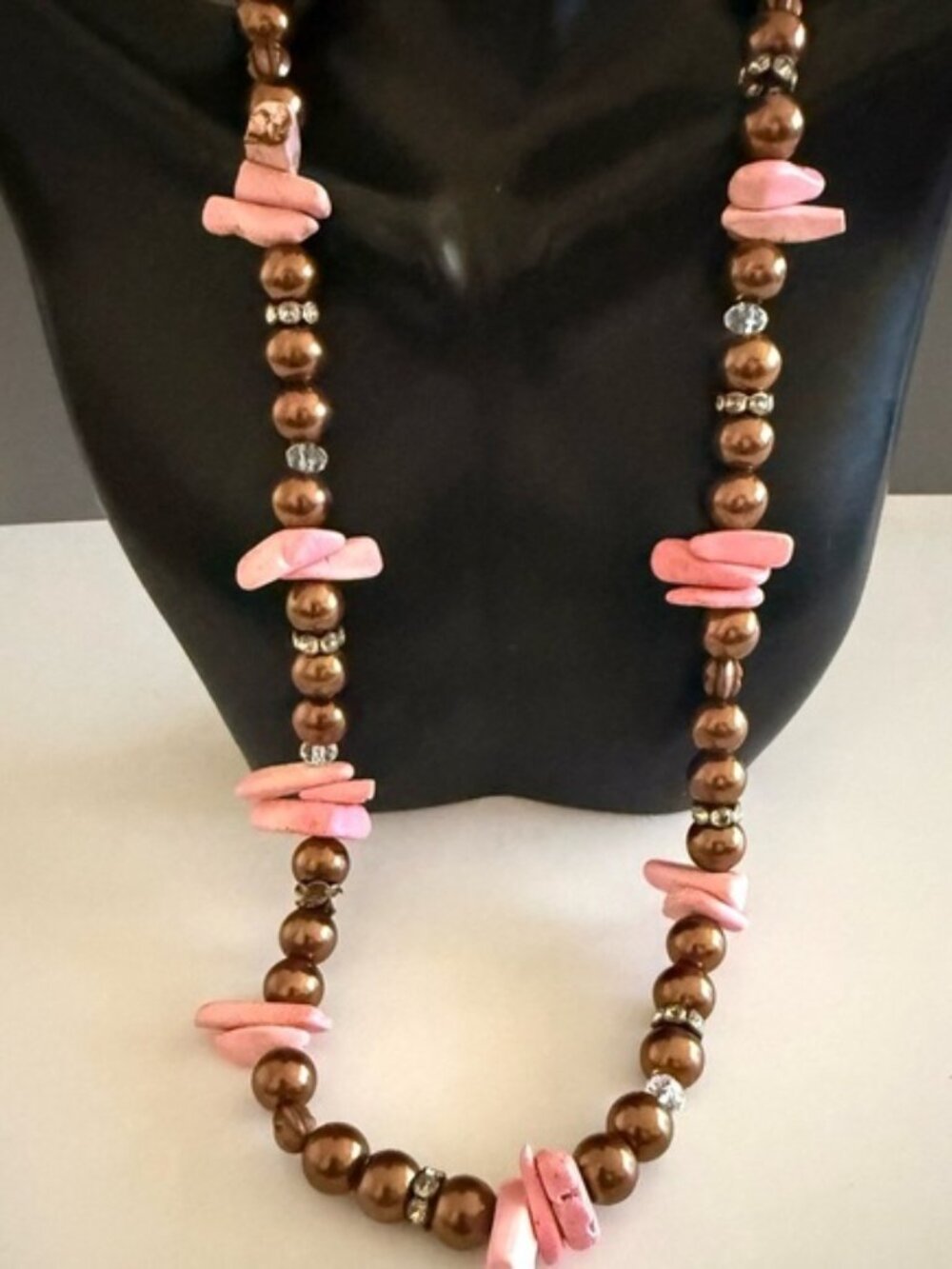 Pink Natural Gemstone Chocolate Colored Faux Pearl Necklace
